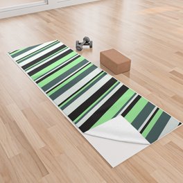 [ Thumbnail: Dark Slate Gray, Green, Black & Mint Cream Colored Stripes/Lines Pattern Yoga Towel ]