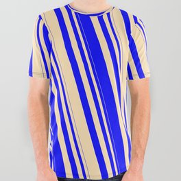 [ Thumbnail: Blue & Beige Colored Striped Pattern All Over Graphic Tee ]