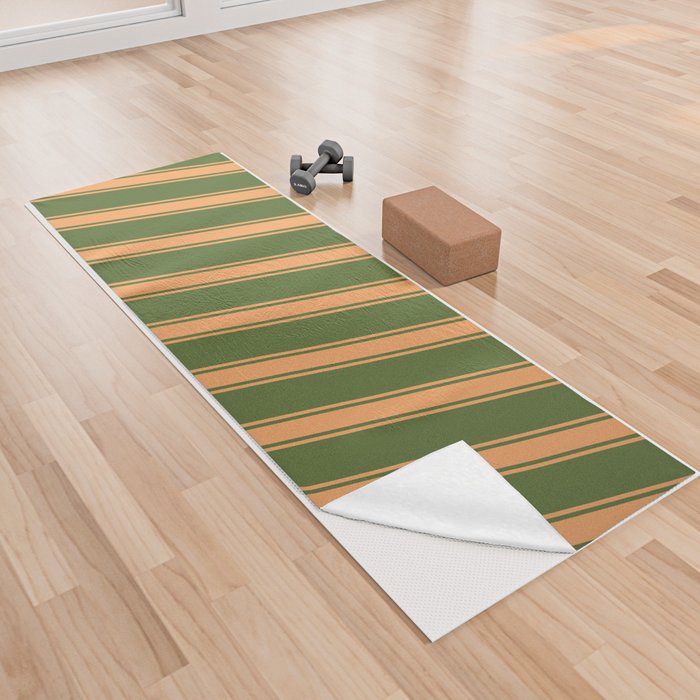 Dark Olive Green & Brown Colored Stripes/Lines Pattern Yoga Towel