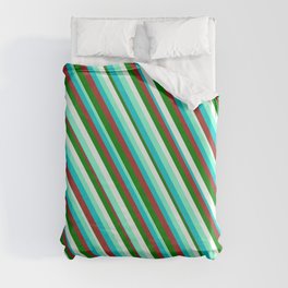 [ Thumbnail: Eyecatching Aquamarine, Dark Turquoise, Brown, Green, and Mint Cream Colored Pattern of Stripes Duvet Cover ]