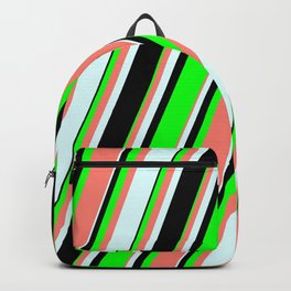 [ Thumbnail: Lime, Salmon, Light Cyan, and Black Colored Striped Pattern Backpack ]