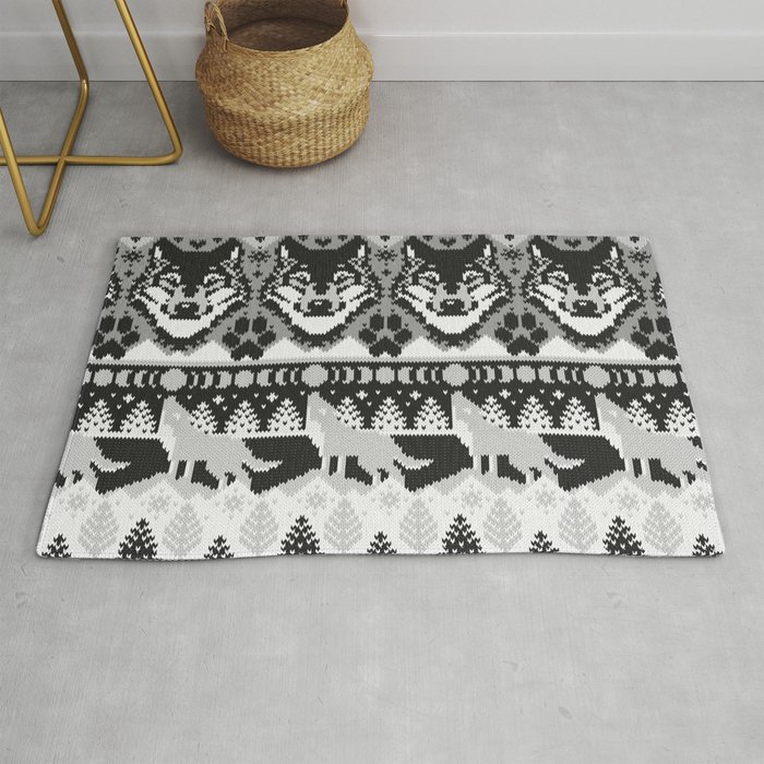 Fair isle knitting grey wolf // black and white wolves moons and pine trees Rug