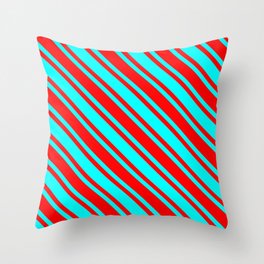 [ Thumbnail: Aqua and Red Colored Lined Pattern Throw Pillow ]