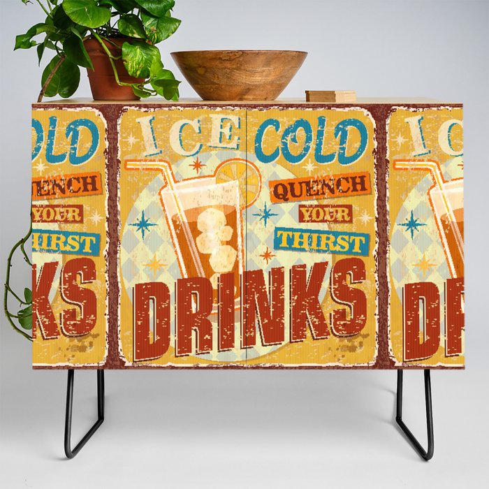 Vintage Ice Cold Drinks metal sign.  Credenza