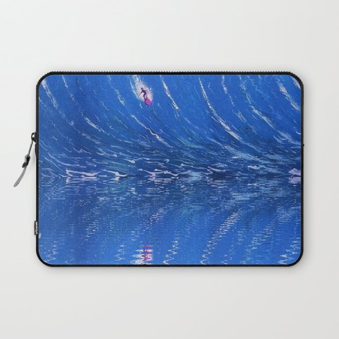 Extreme surfing pipeline wave with mirrored reflection oregon, hawaii, florida, portugal, nazare, honolulu surfer landsccape painting in ocean blue Laptop Sleeve