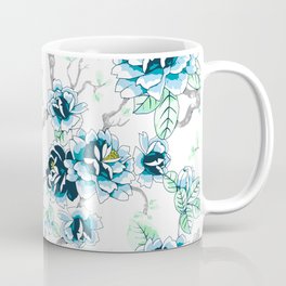 Spring Flowers Pattern Blue Soft Green on White Mug