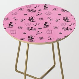 Pink And Black Silhouettes Of Vintage Nautical Pattern Side Table