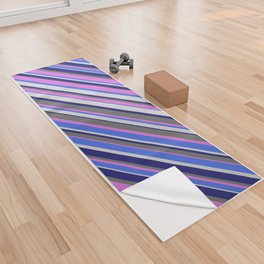 [ Thumbnail: Orchid, Royal Blue, Light Gray, Midnight Blue & Dim Gray Colored Lined Pattern Yoga Towel ]