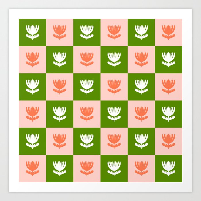Retro Checkered Tulips Pattern - Pink and Green Art Print