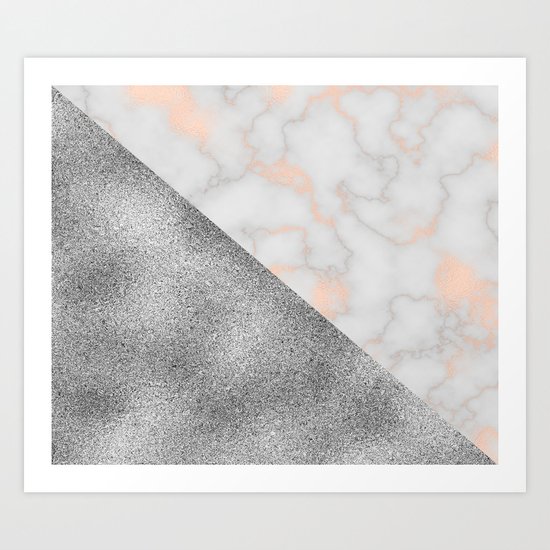 Rose gold marble and silver glitter Art Print