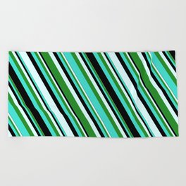 [ Thumbnail: Turquoise, Black, Light Cyan, and Forest Green Colored Stripes Pattern Beach Towel ]