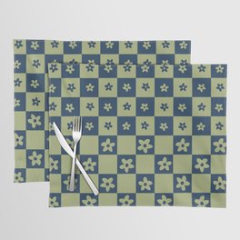 Abstract Floral Checker Pattern 19 in Navy Blue Sage Green Placemat