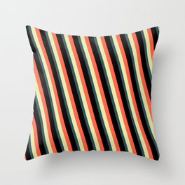 [ Thumbnail: Red, Pale Goldenrod, Dark Slate Gray, and Black Colored Lines Pattern Throw Pillow ]