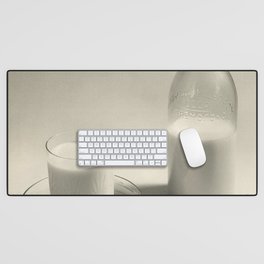 Vintage Milk Bottle and Saucer and Glass of Milk black and white photograph - photography Desk Mat