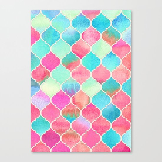 Watercolor Moroccan Patchwork in Magenta, Peach & Aqua Canvas Print