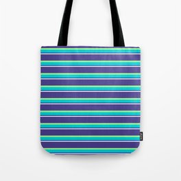 [ Thumbnail: Lavender, Dark Slate Blue, Green, Dark Turquoise & Dark Blue Colored Striped Pattern Tote Bag ]