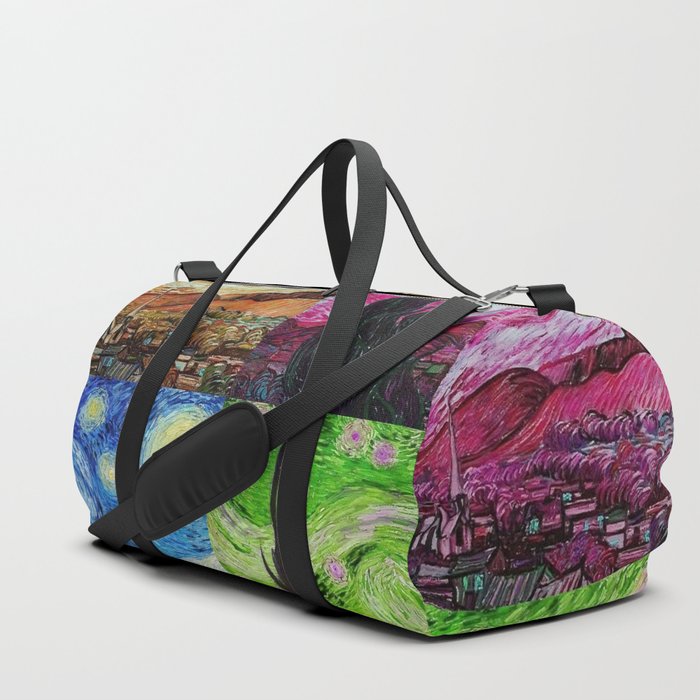 The Starry Night - La Nuit étoilée oil-on-canvas post-impressionist landscape masterpiece painting in alternate four-color collage gold, pink, blue, and green by Vincent van Gogh Duffle Bag