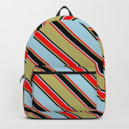 [ Thumbnail: Dark Khaki, Black, Light Blue & Red Colored Pattern of Stripes Backpack ]