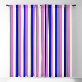 [ Thumbnail: Vibrant Black, Blue, Grey, Orchid, and Beige Colored Striped/Lined Pattern Blackout Curtain ]