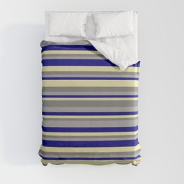 [ Thumbnail: Dark Gray, Blue, Pale Goldenrod, and Gray Colored Striped Pattern Duvet Cover ]
