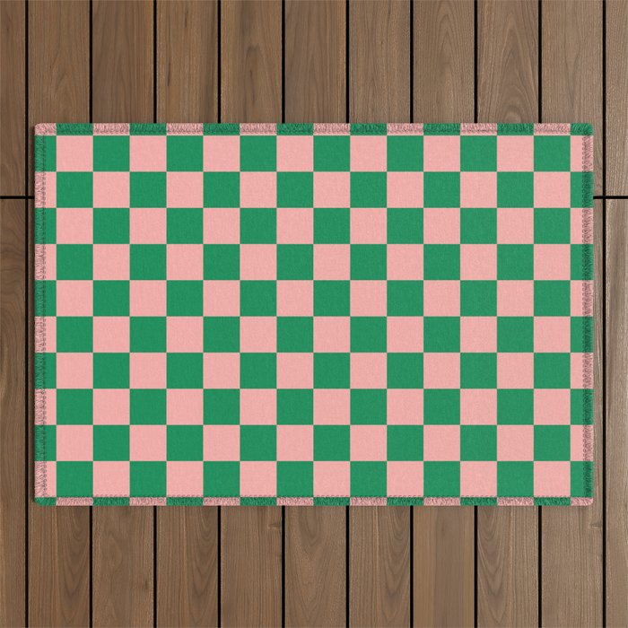 Checkerboard Mini Check Checkered Pattern Green and Pink Outdoor Rug