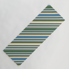 [ Thumbnail: Bisque, Blue, and Dark Olive Green Colored Lines/Stripes Pattern Yoga Mat ]