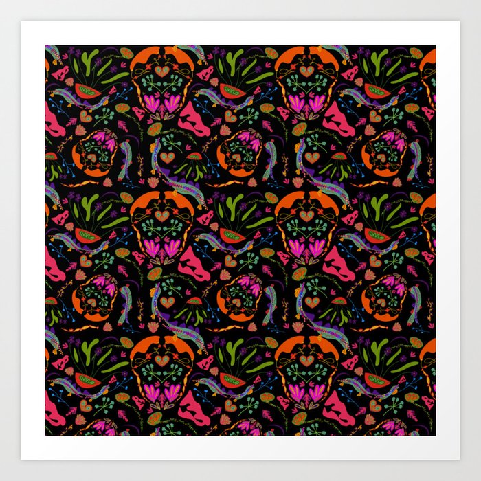 Retro Flower Pattern // Pop-Art Style 70s Collection // Black, Orange, Pink // Groovy Funky Style Art Print