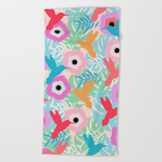 Flowers and hummingbirds Beach Towel