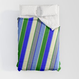 [ Thumbnail: Light Slate Gray, Blue, Cornflower Blue, Light Yellow, and Green Colored Lined/Striped Pattern Comforter ]