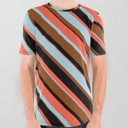[ Thumbnail: Red, Light Blue, Brown, and Black Colored Lines/Stripes Pattern All Over Graphic Tee ]
