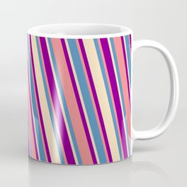 [ Thumbnail: Blue, Tan, Purple & Light Coral Colored Pattern of Stripes Coffee Mug ]