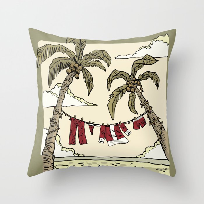 Santa Claus' costume hanging on a clothesline at the beach from two palm trees. Throw Pillow