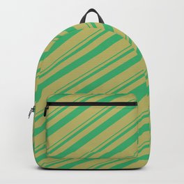 [ Thumbnail: Sea Green and Dark Khaki Colored Lined/Striped Pattern Backpack ]