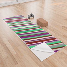 [ Thumbnail: Colorful Dark Gray, Green, Dark Red, Light Yellow, and Purple Colored Lined/Striped Pattern Yoga Towel ]