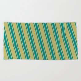 [ Thumbnail: Dark Khaki and Dark Cyan Colored Pattern of Stripes Beach Towel ]
