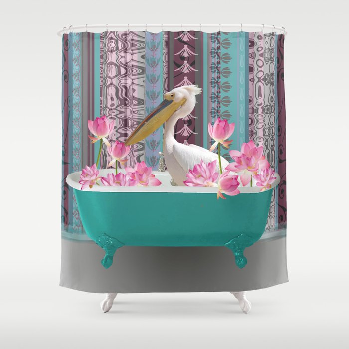Bathtub with pelican and lotus flowers Shower Curtain