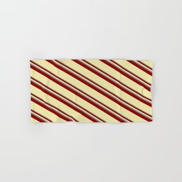 [ Thumbnail: Grey, Dark Red & Pale Goldenrod Colored Striped Pattern Hand & Bath Towel ]