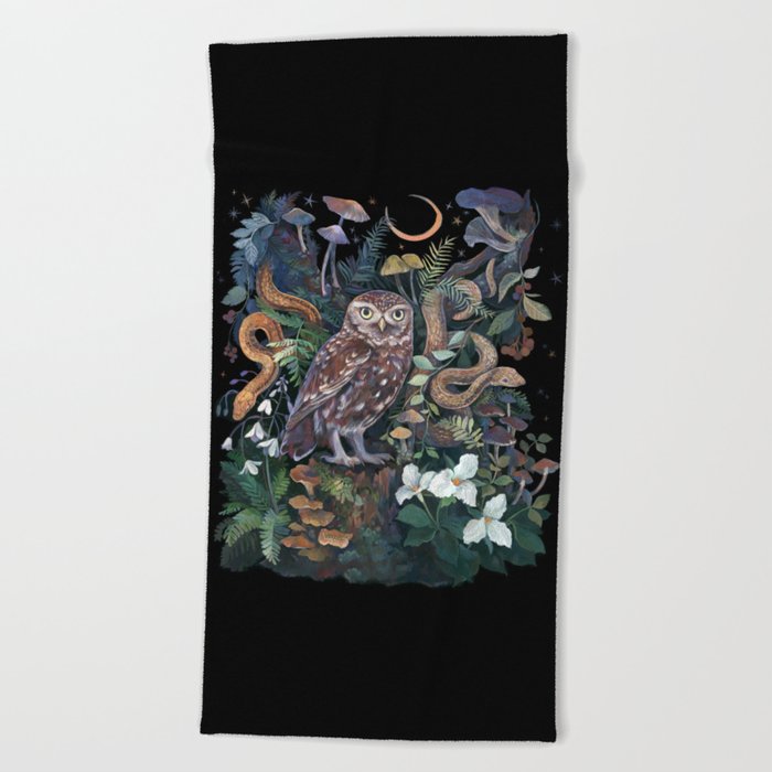 Owl and Snakes Mushroom forest Beach Towel