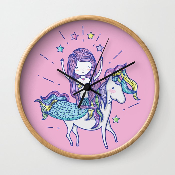 Mermaid Riding Unicorn Pink Wall Clock