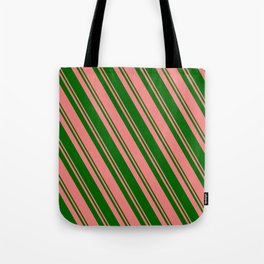 [ Thumbnail: Light Coral and Dark Green Colored Lines Pattern Tote Bag ]
