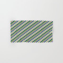 [ Thumbnail: Colorful Dark Olive Green, Tan, Slate Blue, Dark Green, and White Colored Lines/Stripes Pattern Hand & Bath Towel ]