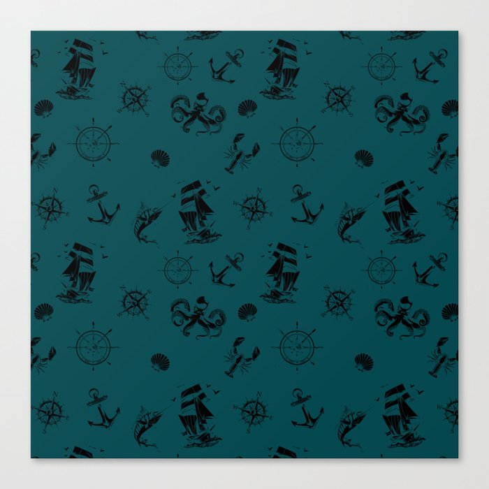 Teal Blue And Black Silhouettes Of Vintage Nautical Pattern Canvas Print