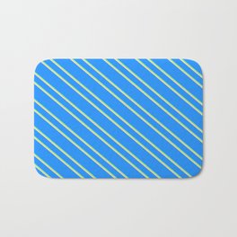 [ Thumbnail: Blue, Light Green & Tan Colored Striped/Lined Pattern Bath Mat ]
