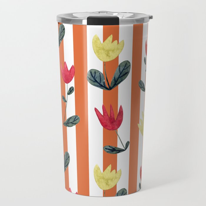 Watercolor Hand Drawn Flowers on Orange and White Striped Travel Mug