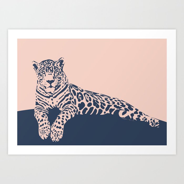 Jaguar, Chillin' (Warm Pink and Navy) Art Print
