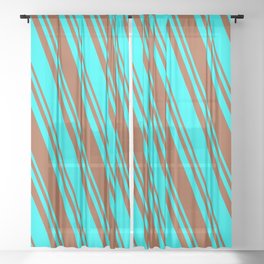 [ Thumbnail: Sienna & Cyan Colored Striped/Lined Pattern Sheer Curtain ]