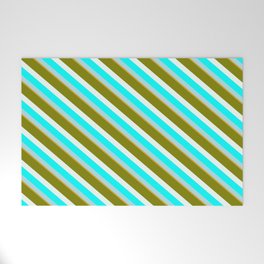 [ Thumbnail: Eye-catching Green, Mint Cream, Aqua, Powder Blue, and Goldenrod Colored Striped/Lined Pattern Welcome Mat ]