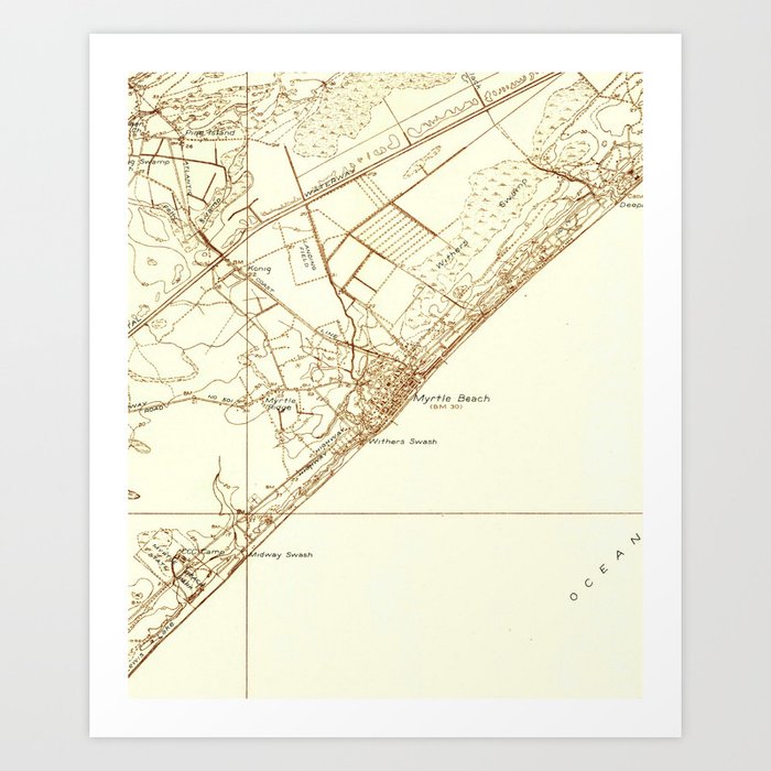Traditional Map of Myrtle Seaside South Carolina (1937) Artwork Print as a result of bravuramedia graphic regarding Printable Map of South Carolina identify Classic Map of Myrtle Beach front South Carolina (1937) Artwork Print by means of bravuramedia