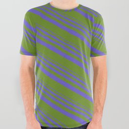 [ Thumbnail: Slate Blue & Green Colored Pattern of Stripes All Over Graphic Tee ]