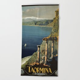 Vintage Taormina Sicily Italian travel ad Beach Towel